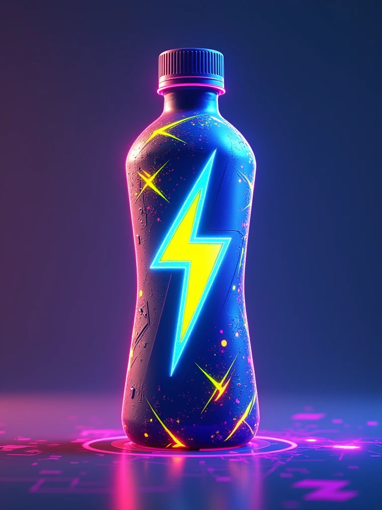 Imagine an energy drink bottle stylized for a video game world like Fortnite. The bottle has a slender shape with angular, futuristic contours, reminiscent of a game character's equipment. The bottle's main color is a vibrant electric blue, with neon accents in yellow and purple. The design features dynamic geometric patterns, inspired by the cyberpunk aesthetic, with lightning bolts and digital symbols that recall energy and speed. The texture of the bottle is metallic with a slight sheen effect, accentuating the high-tech look. The cap is screw-shaped with deep grooves for better grip, also in blue with yellow details. Finally, the drink's logo, a stylized lightning bolt, is placed in the center of the bottle, radiating energy. Translated with DeepL.com (free version)