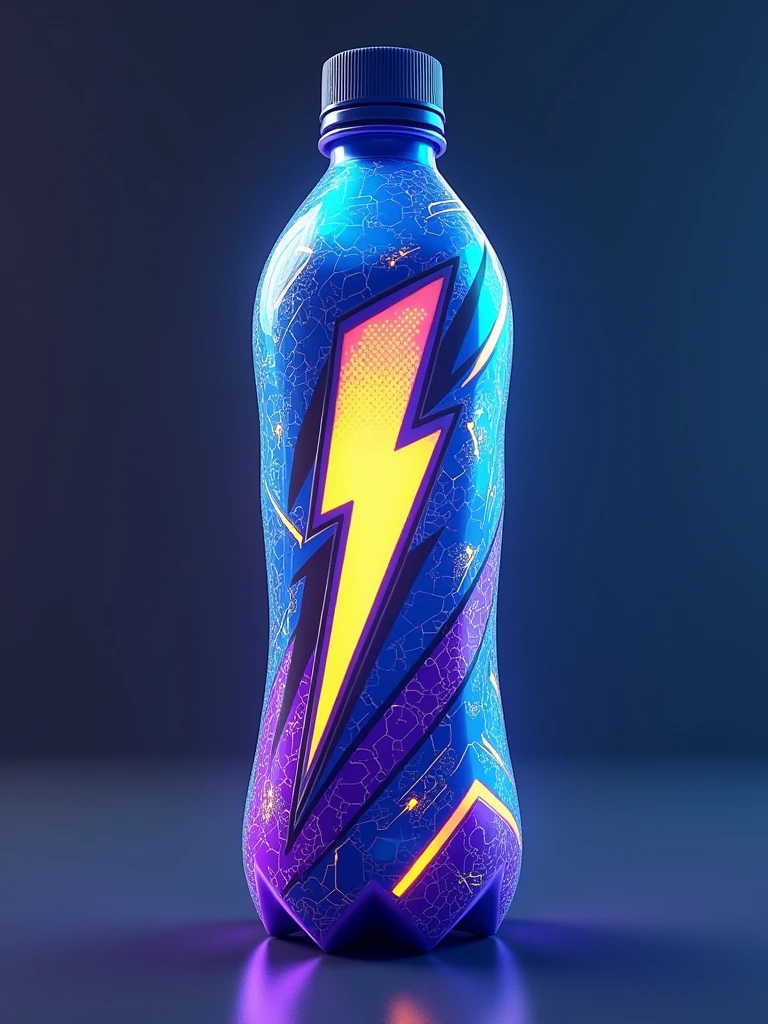 Imagine an energy drink bottle stylized for a video game world like Fortnite. The bottle has a slender shape with angular, futuristic contours, reminiscent of a game character's equipment. The bottle's main color is a vibrant electric blue, with neon accents in yellow and purple. The design features dynamic geometric patterns, inspired by the cyberpunk aesthetic, with lightning bolts and digital symbols that recall energy and speed. The texture of the bottle is metallic with a slight sheen effect, accentuating the high-tech look. The cap is screw-shaped with deep grooves for better grip, also in blue with yellow details. Finally, the drink's logo, a stylized lightning bolt, is placed in the center of the bottle, radiating energy.  Translated with DeepL.com (free version)