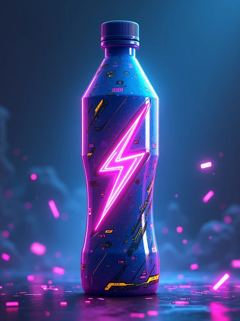 Imagine an energy drink bottle stylized for a video game world like Fortnite. The bottle has a slender shape with angular, futuristic contours, reminiscent of a game character's equipment. The bottle's main color is a vibrant electric blue, with neon accents in yellow and purple. The design features dynamic geometric patterns, inspired by the cyberpunk aesthetic, with lightning bolts and digital symbols that recall energy and speed. The texture of the bottle is metallic with a slight sheen effect, accentuating the high-tech look. The cap is screw-shaped with deep grooves for better grip, also in blue with yellow details. Finally, the drink's logo, a stylized lightning bolt, is placed in the center of the bottle, radiating energy.  Translated with DeepL.com (free version)