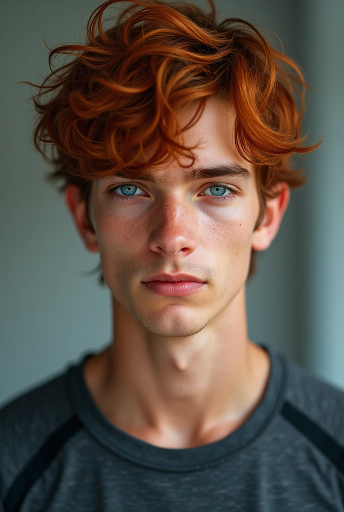 A handsome male with deep blue eyes, a round face, and cool auburn hair. Dressed sporty.