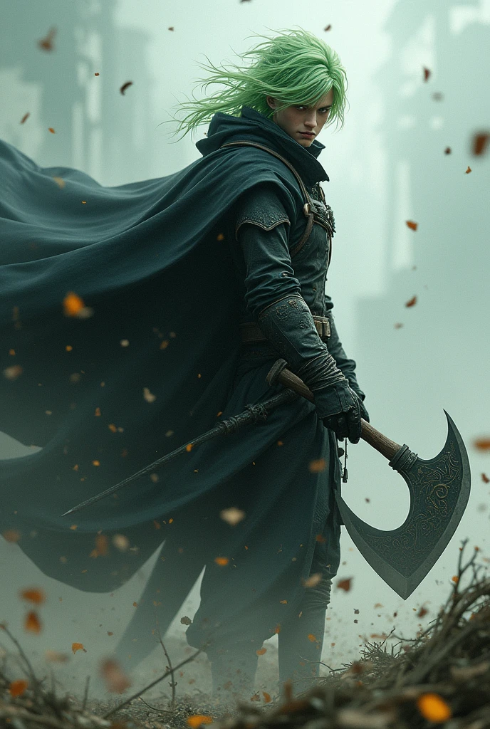male , light green hair, black half body jacket, , dùng Rìu chiến , wind