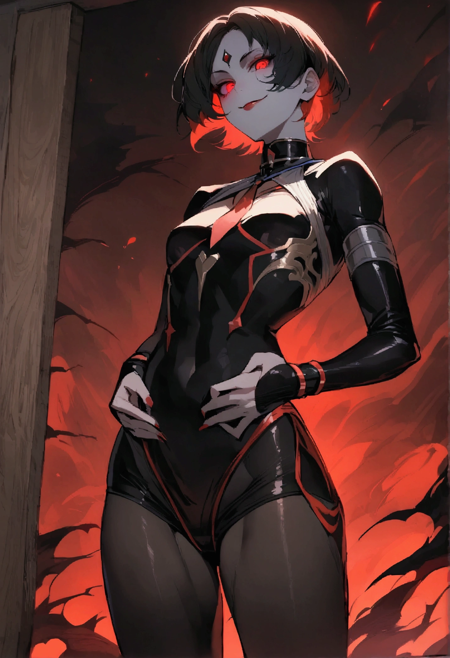 standing,alone,short hair,work of art,face detailed,young fitness linda,Wearing black pantyhose,nuisette,neckleace,evil smile,red eyes glowing,labiaa,eye shadow,bangs on the eyes,HANDS BACK