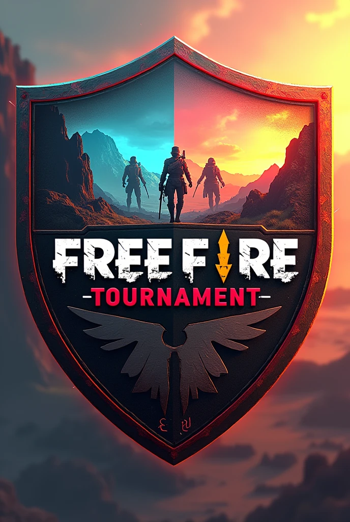 Create a shield for "Free Fire TP Tournament" with inspiration from the Free Fire game and the ninth region of Chile. It should say on the shield "Free Fire TP Tournament" in Spanish