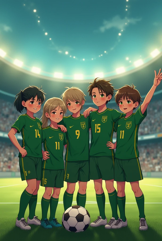 (masterpiece, best quality), (most absurd:1.2), (extremely detail, 8k, ultra highres:1.2), (Beautiful 4 girls and handsome 4 boys:1.3), young, sslim, (Film composition), blush, happy smile, dramatic lighing, (short Body, Body), (group photo, gathered, Friends), (several boys:1.2), Viewers look at, Stand, meeting, posing, , (multiple love couples:1.2), V-sign, アニメ, mango, captain tsubasa, Soccer, sporting club of portugal, football, soccer ball, football((masterpiece:1.4, best quality))+, (Ultra-detail)+, light green hair , Wolfsschnitt, green eyes, football stadium, football game, viele
babys in grünen weißen football shirt, Green clothing, football elements,Coole pose, different skin color,colorful background,natta ,(lightning effect),(Sparkly Eyes), football, many cute babies, five big stars sparkle, sporting club of portugal