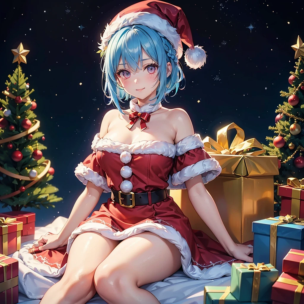 (Sky blue hair),(Braided short hair), (Pink Eyes),Fair skin) ,(whole body),(One Girl),(Gift boxes filling the background),(Santa Claus clothes),(Cute smile),Santa Claus hat,(Christmas Party),(masterpiece, Highest quality, Very detailed, Best Shadow), (Detailed Background), (Beautifully detailed face), High Contrast, (Best lighting, Very delicate and beautiful), ((Cinematic Light)), Hyper Detail,8k, Dramatic Light, Intricate details,night,Christmas tree