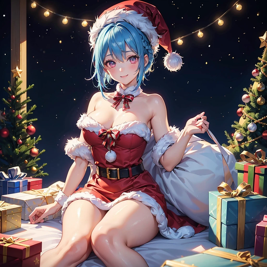 (Sky blue hair),(Braided short hair), (Pink Eyes),Fair skin) ,(whole body),(One Girl),(Gift boxes filling the background),(Santa Claus clothes),(Cute smile),Santa Claus hat,(Christmas Party),(masterpiece, Highest quality, Very detailed, Best Shadow), (Detailed Background), (Beautifully detailed face), High Contrast, (Best lighting, Very delicate and beautiful), ((Cinematic Light)), Hyper Detail,8k, Dramatic Light, Intricate details,night,Christmas tree