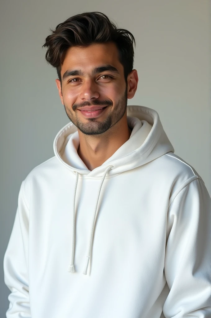 Create a image a man wearing a white huddy name called prakash