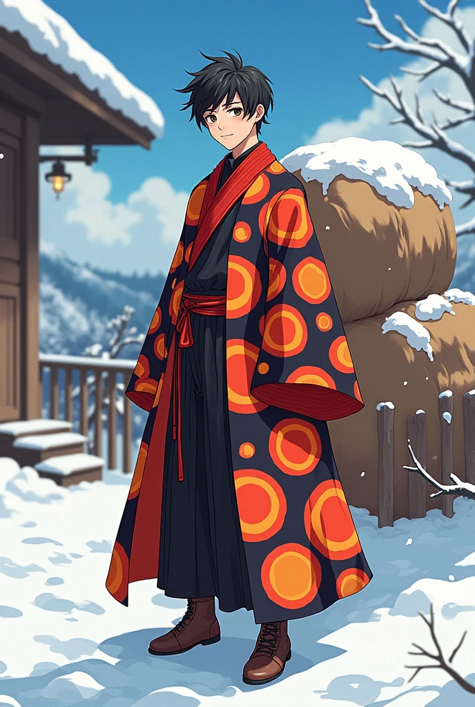 Anime style a adult boy big cloth of the design of circles of colour orange and red on and black pant in the snowy region ahead of his house with a big sack of wood behind hairstyle attractive smiling eyes different from others