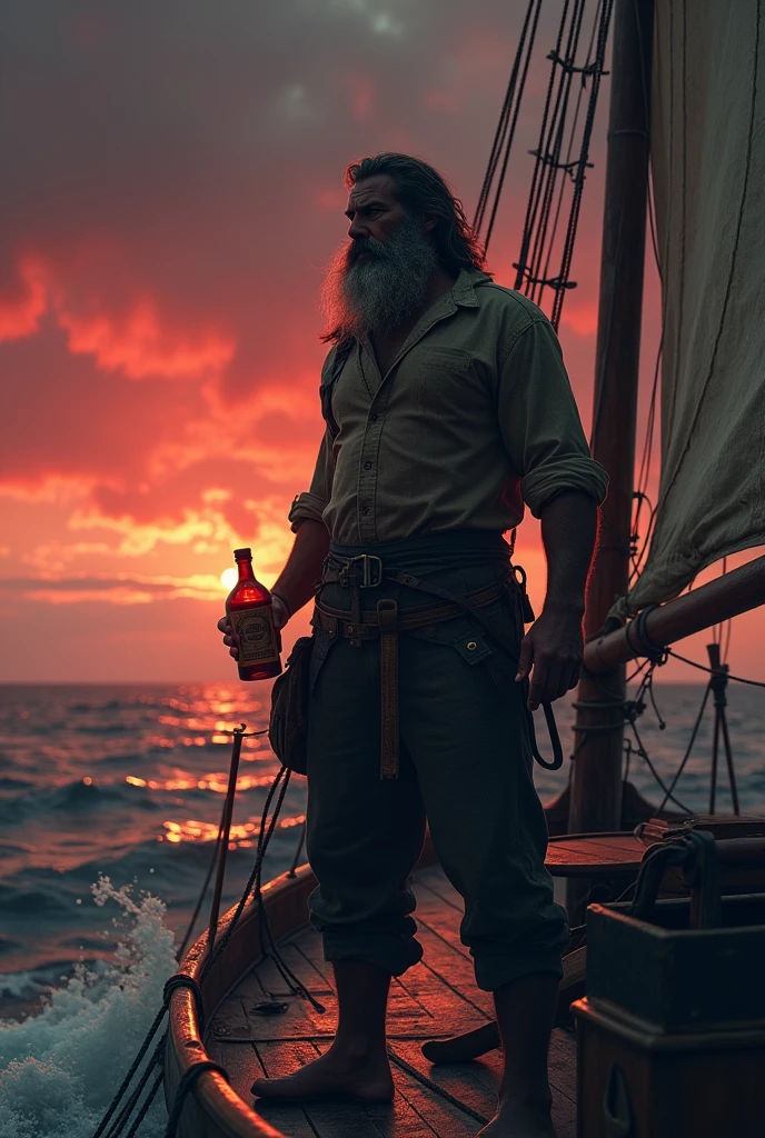 Man holding sail mast of a boat, gazing at the horizon, with a bottle of rum in his left hand, sea with low waves, dark sky with reddish tones 