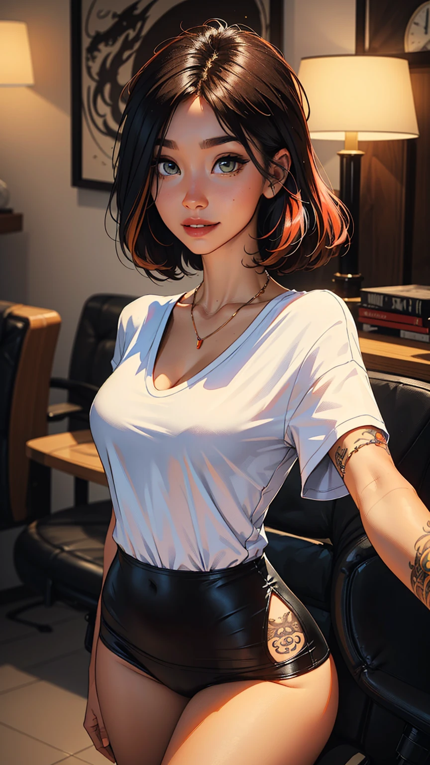 A stunning woman stands solo, hips slightly upturned, her detailed face radiating a sultry invitation. amber eyes shine like warm honey as she sports multi-colored hair with trendy bangs. A tattooed dragon wraps around her toned physique, visible beneath a fitted t-shirt that accentuates her chest. A delicate necklace glimmers against her skin as she confidently wears a sexy smile. Her mischievous gaze seems to say 'come closer', drawing the viewer's eye like a magnet. Framed by a soft, beauty is perfectly balanced and on full display, with the tip of the nipple showing through