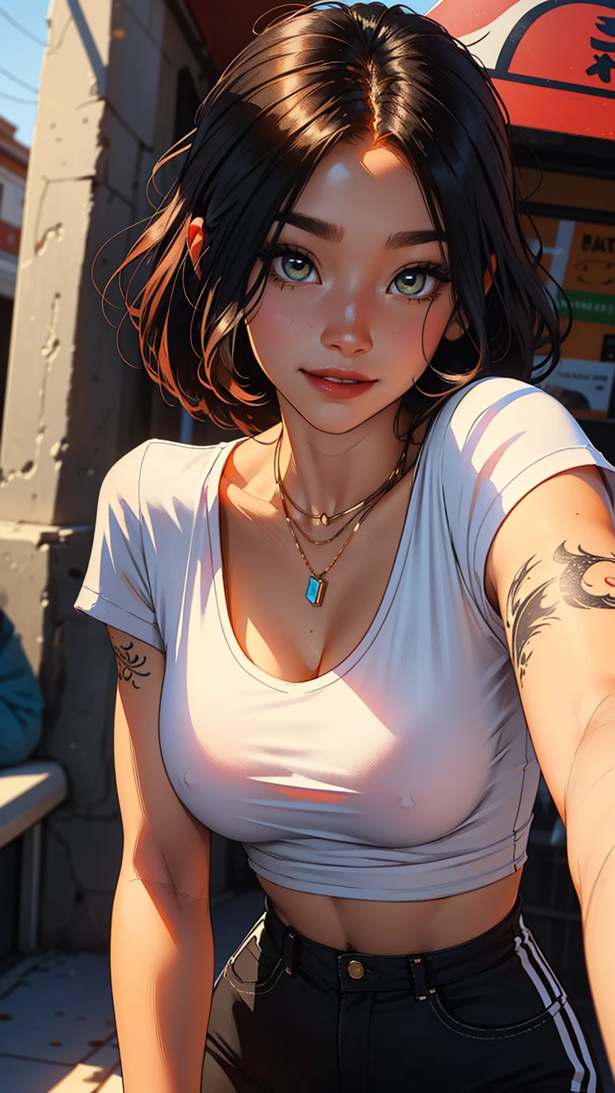 A stunning woman stands solo, hips slightly upturned, her detailed face radiating a sultry invitation. amber eyes shine like warm honey as she sports multi-colored hair with trendy bangs. A tattooed dragon wraps around her toned physique, visible beneath a fitted t-shirt that accentuates her chest. A delicate necklace glimmers against her skin as she confidently wears a sexy smile. Her mischievous gaze seems to say 'come closer', drawing the viewer's eye like a magnet. Framed by a soft, beauty is perfectly balanced and on full display, with the tip of the nipple showing through