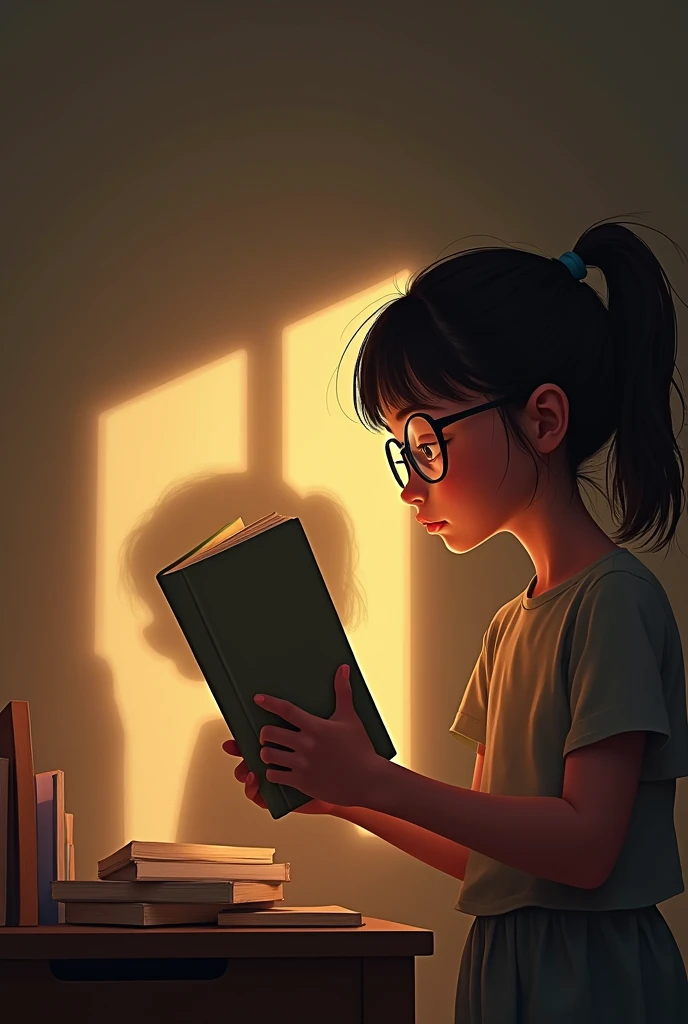 A girls shadow who was reading books, wearing her glasses.
