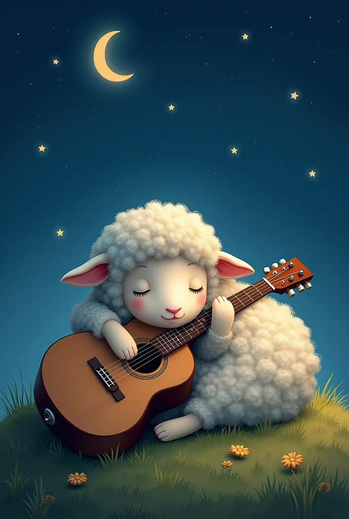 A painting of a sheep holding a guitar and sleeping under the starry sky