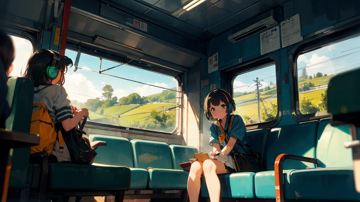 Wide angle,Inside a long-used train in Japan, ((decadent countryside)), 1 girl, headphones ,((nostalgic scenery ))from the train window. Memories come back to life, evening time, green-blue-orange,(Hanging strap)
