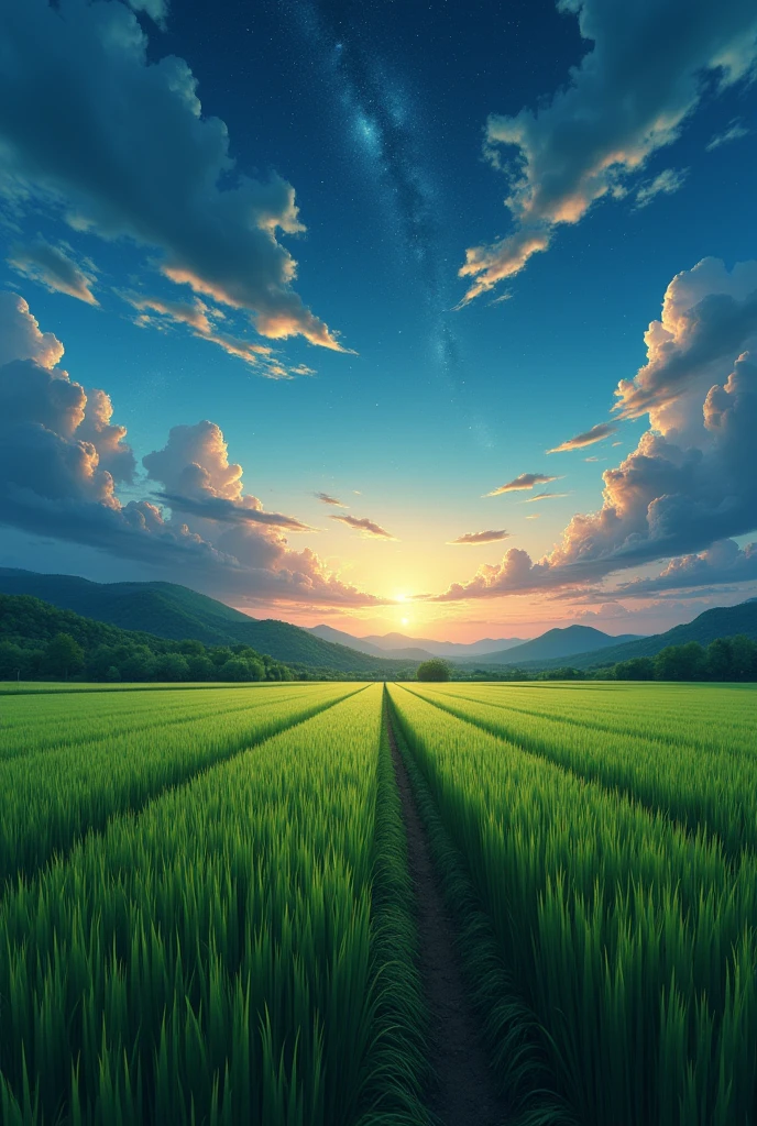 Japan countryside、summer night、Wide rice field、Fantasy、4K quality、photograph