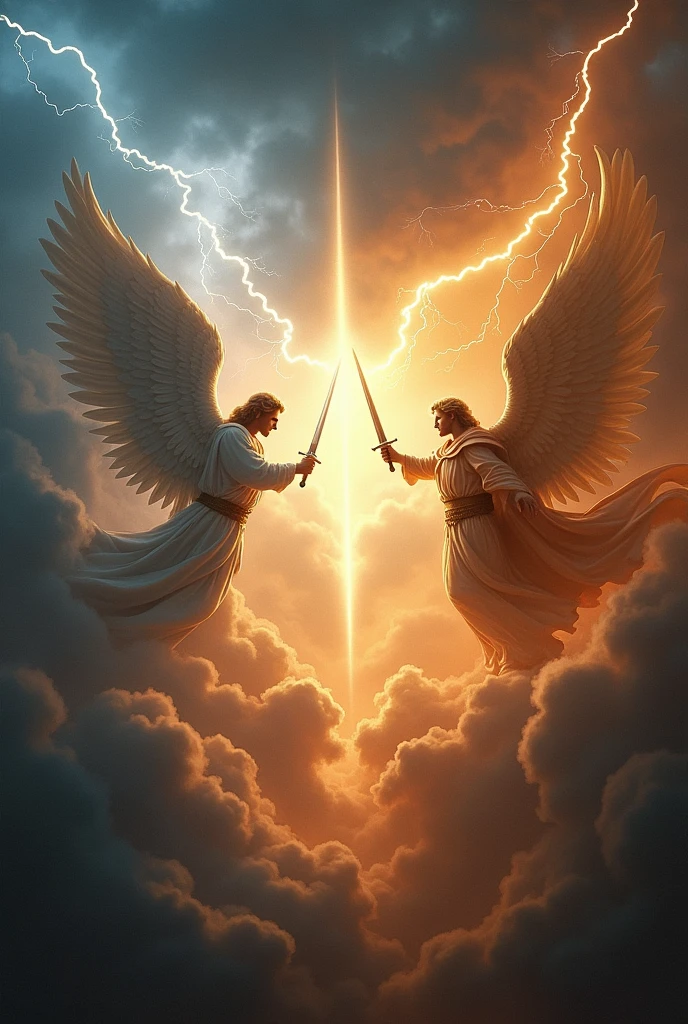 Create an intense battle scene in the sky. With a row of angels on each side. Angels fight with luminous swords. Lucifer faces Archangel Michael, that shines with a divine light. Add lightning and dark clouds in the background to intensify the conflict..