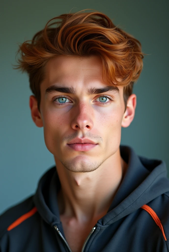 A handsome male with deep blue eyes, a round face, and cool auburn hair. Dressed sporty.