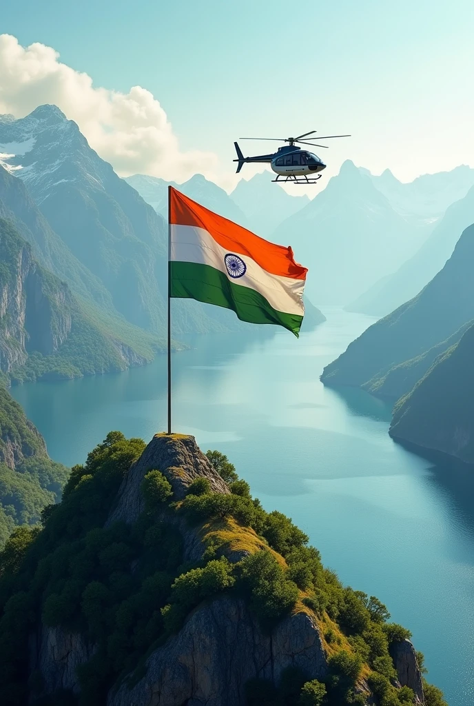 Indian flag on a beautiful mountain surrounded by water with flaying helicopter in the sky with background name Veerababu 