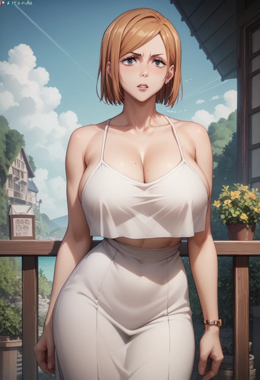 Huge breasts、Kugisaki Nobara XL、
{Highest quality}, {so beautiful}, {Very detailed}, {Best illustrations},Life、slim:1.5、Camisole long maxi dress(tight)、Are standing