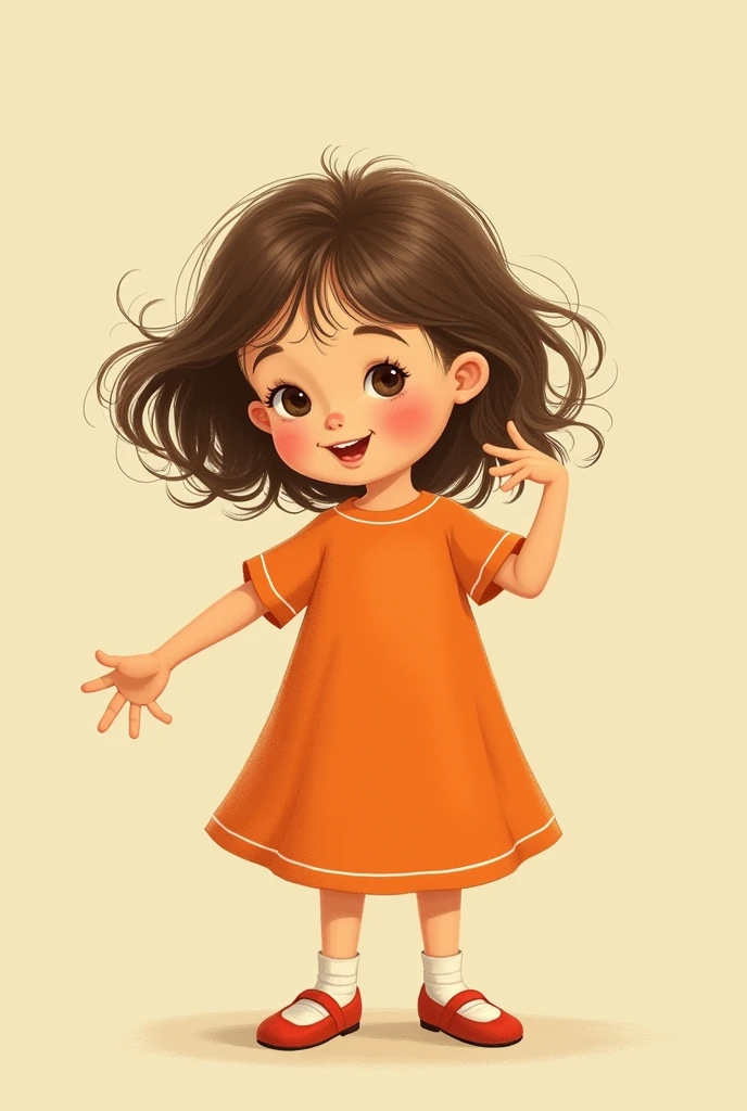 an image of a little girl, front view, full body in an orange dress with different movements with hand , inspired by Mario Comensoli, a screenshot, behance, in school or classroom, children illustration, kids book illustration, childrenbook illustration, illustration for children, children's illustration, childrens book illustration, colorful kids book illustration