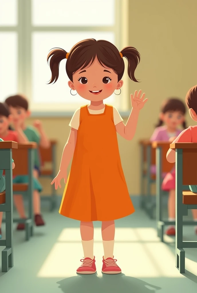 an image of a little girl, front view, full body in an orange dress with different movements with hand , inspired by Mario Comensoli, a screenshot, behance, in school or classroom, children illustration, kids book illustration, childrenbook illustration, illustration for children, children's illustration, childrens book illustration, colorful kids book illustration