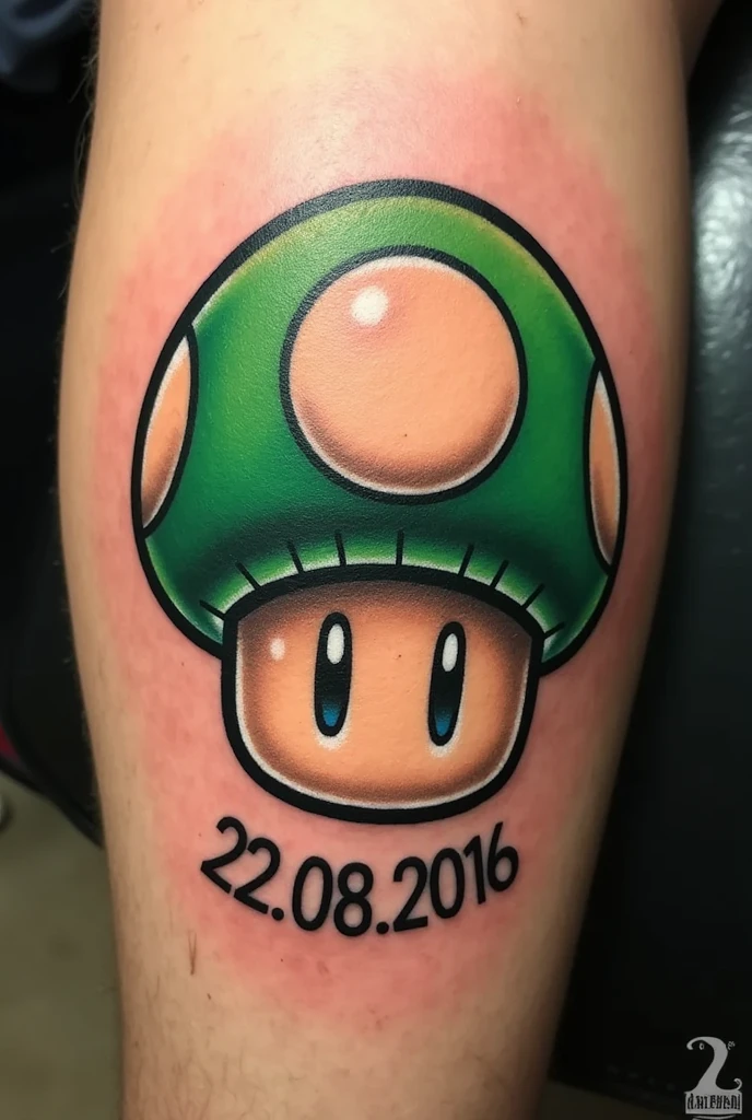 generate an image, of a tattoo, where there is a mushroom, green with white dots, which represents the life of the mario bross game, be with him "1up", below a date of birth 22.08.2016