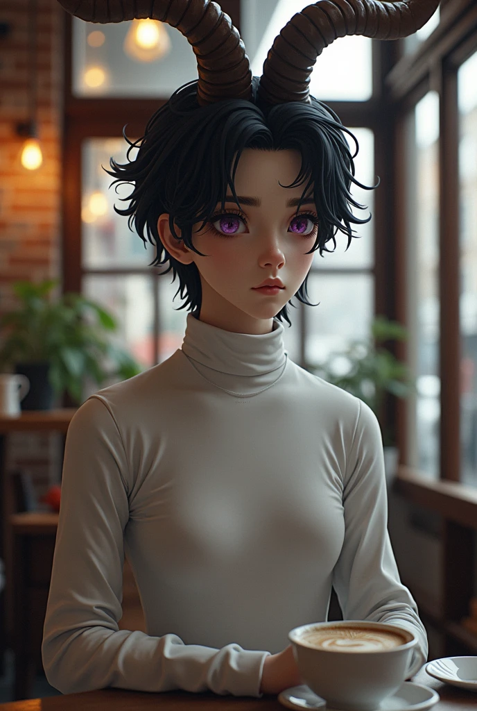 Tall boy black hair with curved goat horns purple eyes white skin with black turtleneck and background a coffee shop