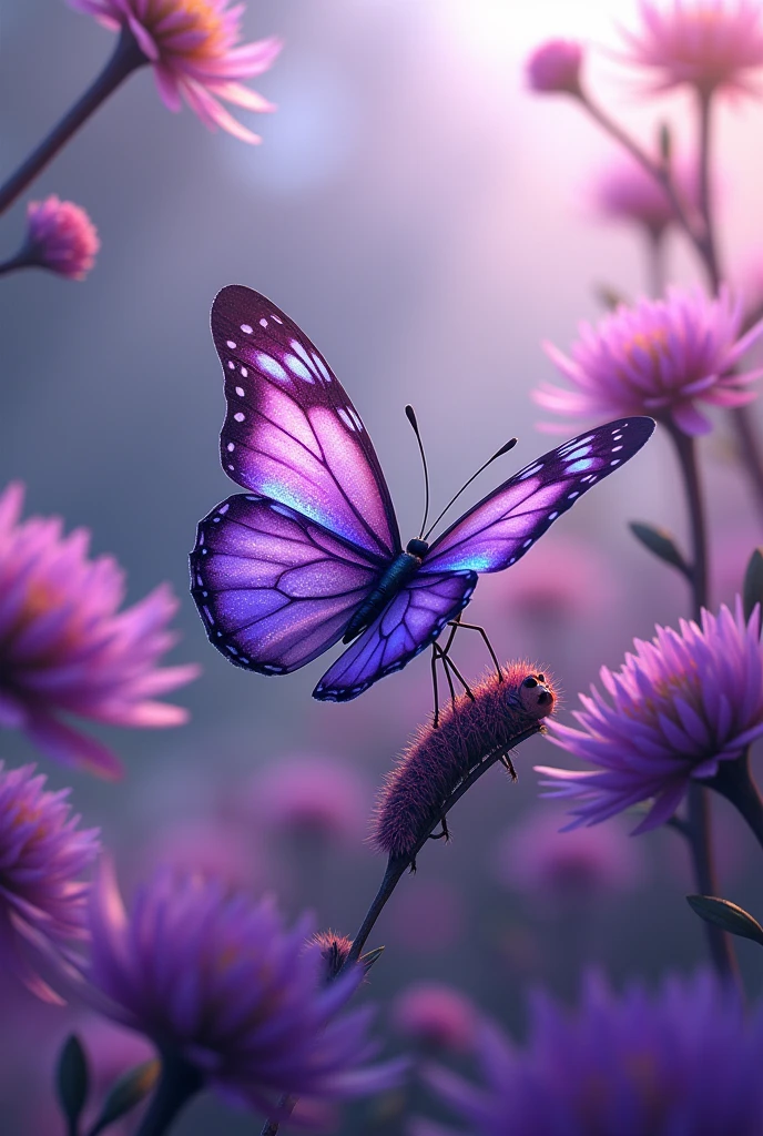 Purple flowers with a butterfly highlighted, accompanied by a caterpillar on a branch