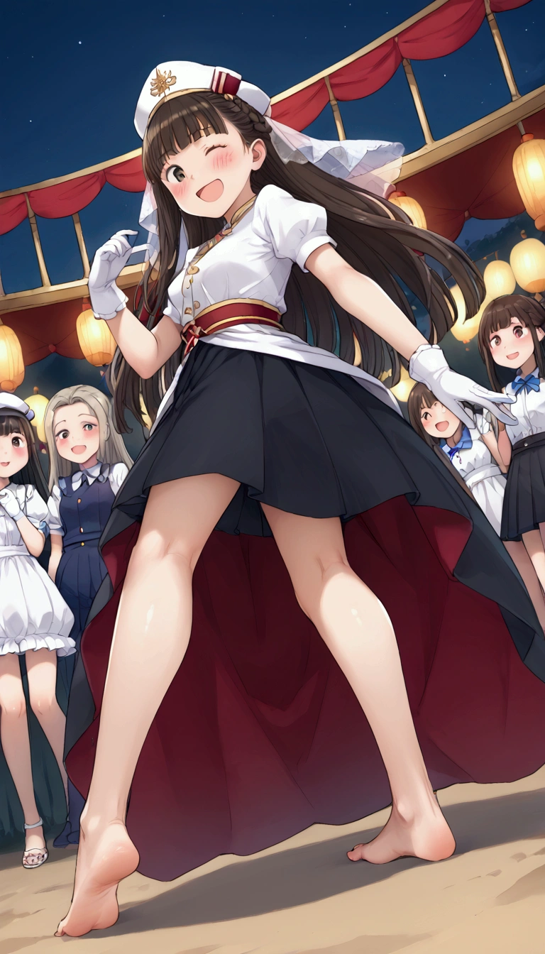 {Highest quality}, {Super beautiful},{Ultra fine},{Best illustration},Brown Hair,Hime cut,long hair,Braid,One woman,Standing Woman,Strike a pose,Adult women,smile,Excited face,Wink,Uniform cap,White Shirt,Short sleeve,long black skirt,White gloves,Night Festival,Blushing,Slender,Black stiletto heels,barefoot,From an angle,From below,Put one hand on your hip,Spread your legs,Lift one leg up