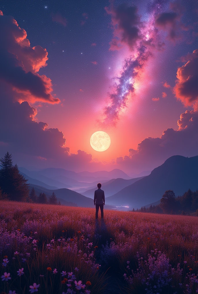 Wide-ranging landscape photos, (A view of the sky and wilderness from below), Stand in a flower field and look up, (Full Moon: 1.2), (meteor: 0.9), (nebula: 1.3), Distant Mountains, Tree BREAK Production Art, (Warm light source: 1.2), (firefly: 1.2), lamp, Purple and Orange, Intricate details, Volumetric Lighting, RealismBREAK (masterpiece: 1.2) (best quality), 4K, Extremely detailed, (Dynamic Configuration: 1.4), Rich in details、Colorful, (Rainbow Colors: 1.2), (Luminous lighting, Atmospheric lighting), Dreamy, magic, (Solitary: 1.2)