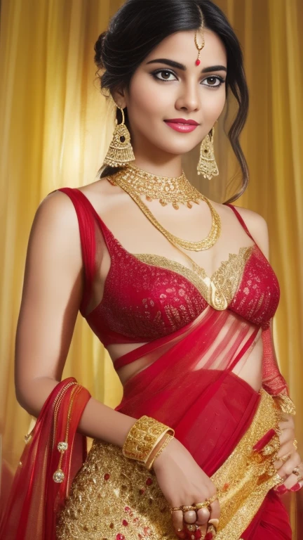 a close up of a woman in a red and gold outfit, wearing gold jewellery, indian goddess, intricate thin details in gold, 8 k sensual lighting, indian, heavy gold jewellery, cinematic goddess close shot, gold bra, golden jewellery, gorgeous woman, intricate outfit, wearing gold chain, gold jewellery, provocative indian, gorgeous beautiful woman, wearing an ornate outfit