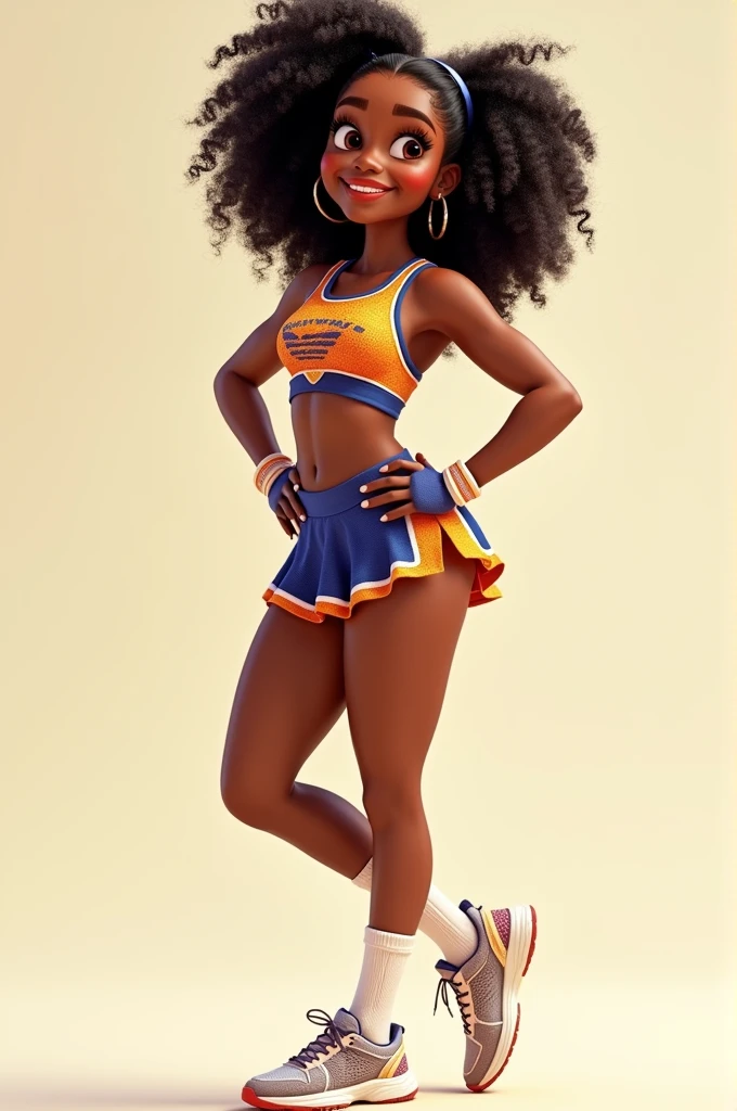 A highly detailed. African American woman wearing a cheerleaders cloth, body sockings and sneakers. Plain background. Disney and Pixar type.