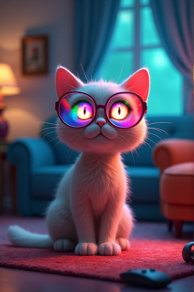 A cat is sitting in eye glasses and different kinds of light are playing on its ears and glasses. And the glasses were of different colors. And Baralata looked very beautiful. And Baral was sitting and watching TV. And he had various kinds of furniture in his possession.