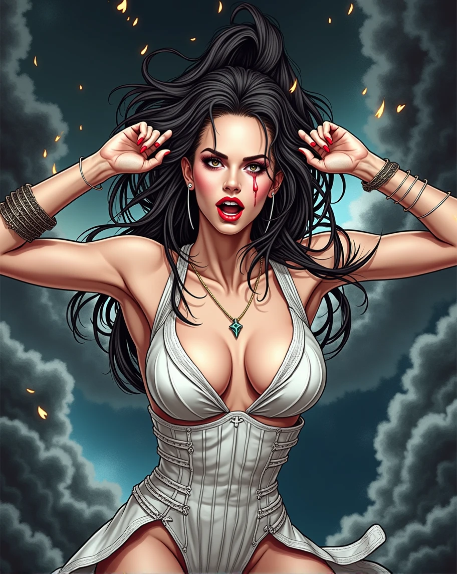 Kira, female warrior, lunging forward, combined weapons primed, devastating assault, transformed state, dynamic action pose, hyperrealistic, cinematic lighting, muted color palette, dramatic atmosphere, masterpiece, photorealistic, 8k, detailed textures, intricate character design, powerful expression, epic fantasy, sci-fi, digital art