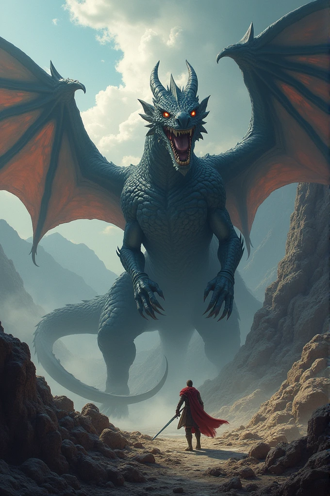 create a picture of a scary and big dragon facing the hero of the ancient kingdom