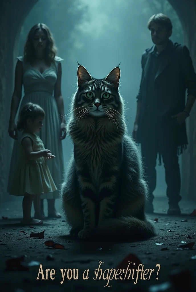 CREATE A MOVIE POSTER IN WHICH A MAINE COON CAT IS IN CENTRE WITH A BABY GIRL AND TO LEFT IS A WOMAN AND TO RIGHT IS A MAN AND AT BOTTOM IS WRITTEN "ARE YOU A SHAPESHIFTER? AND SMALL ALPHABETS WRITTEN AT BOTTOM . MAKE IT HOLLYWOOD THEME BASED POSTER
Only one baby girl and make it mysterious and dark