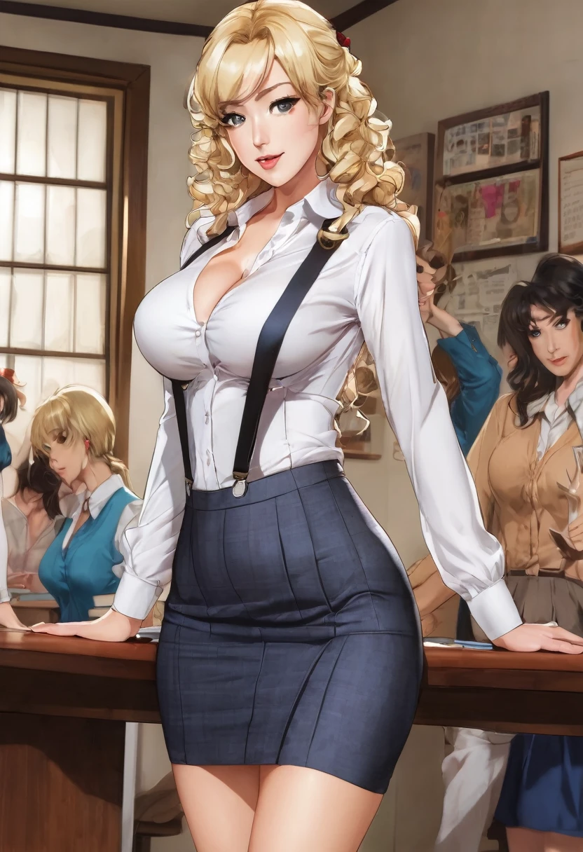 (good quality), (many details), (masterpiece), young woman as teacher in a white blouse, big boobs, blonde hair(curls), mini skirt, standing in front of the table, suspenders and stockings, high heels, exposes her breasts, bare breasts, lifts the skirt, NSFW, sexy, erotic, comic