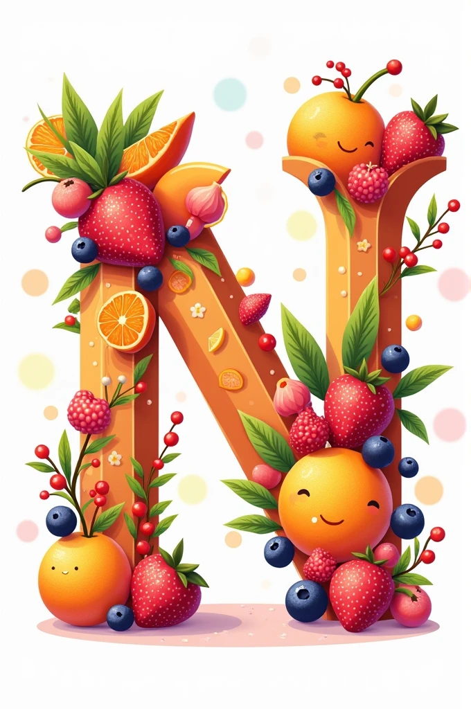 Letter N design with fruits and sweets decoration, cartoon image.