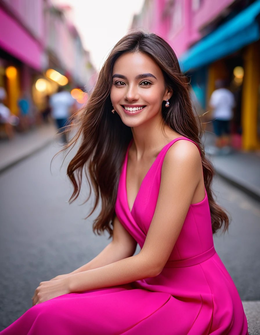 A mesmerizing woman with long brown hair, clad in a striking pink dress, sitting out against the vibrant street backdrop. Captured with the sophisticated Sony A7R IV, this full-body shot is taken using a wide-aperture prime lens such as the FE 50mm f/1.4 GM. The small smile illuminates her beautiful face while cascading down her back contrasts the tone. The lens creates a shallow depth of field, effectively isolating the subject against a blurred background, making her the undeniable center of attention.dyamic poses