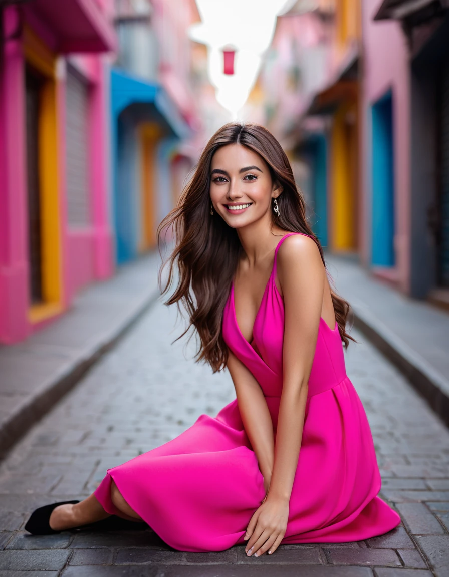 A mesmerizing woman with long brown hair, clad in a striking pink dress, sitting  out against the vibrant street backdrop. Captured with the sophisticated Sony A7R IV, this full-body shot is taken using a wide-aperture prime lens such as the FE 50mm f/1.4 GM. The small smile illuminates her beautiful face while cascading down her back contrasts the tone. The lens creates a shallow depth of field, effectively isolating the subject against a blurred background, making her the undeniable center of attention.dyamic poses
