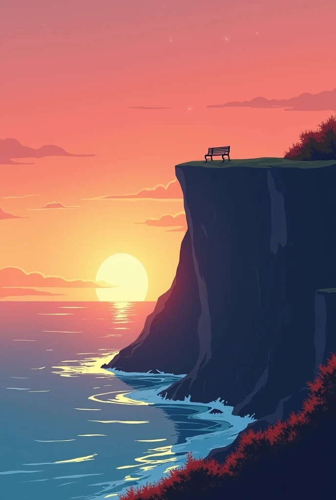 The picture shows a square format scenery in simple comic style. You can see a long cliff that protrudes from the right into the picture and towers over a sea. Below the cliff you can see a reef with water which can be seen in an autumn sunset. A bench stands a little further away from the edge of the cliff.. 