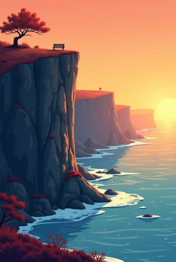 The picture shows a square format scenery in simple comic style. You can see a long cliff that protrudes from the right into the picture and towers over a sea. Below the cliff you can see a reef with water which can be seen in an autumn sunset. A bench stands a little further away from the edge of the cliff..