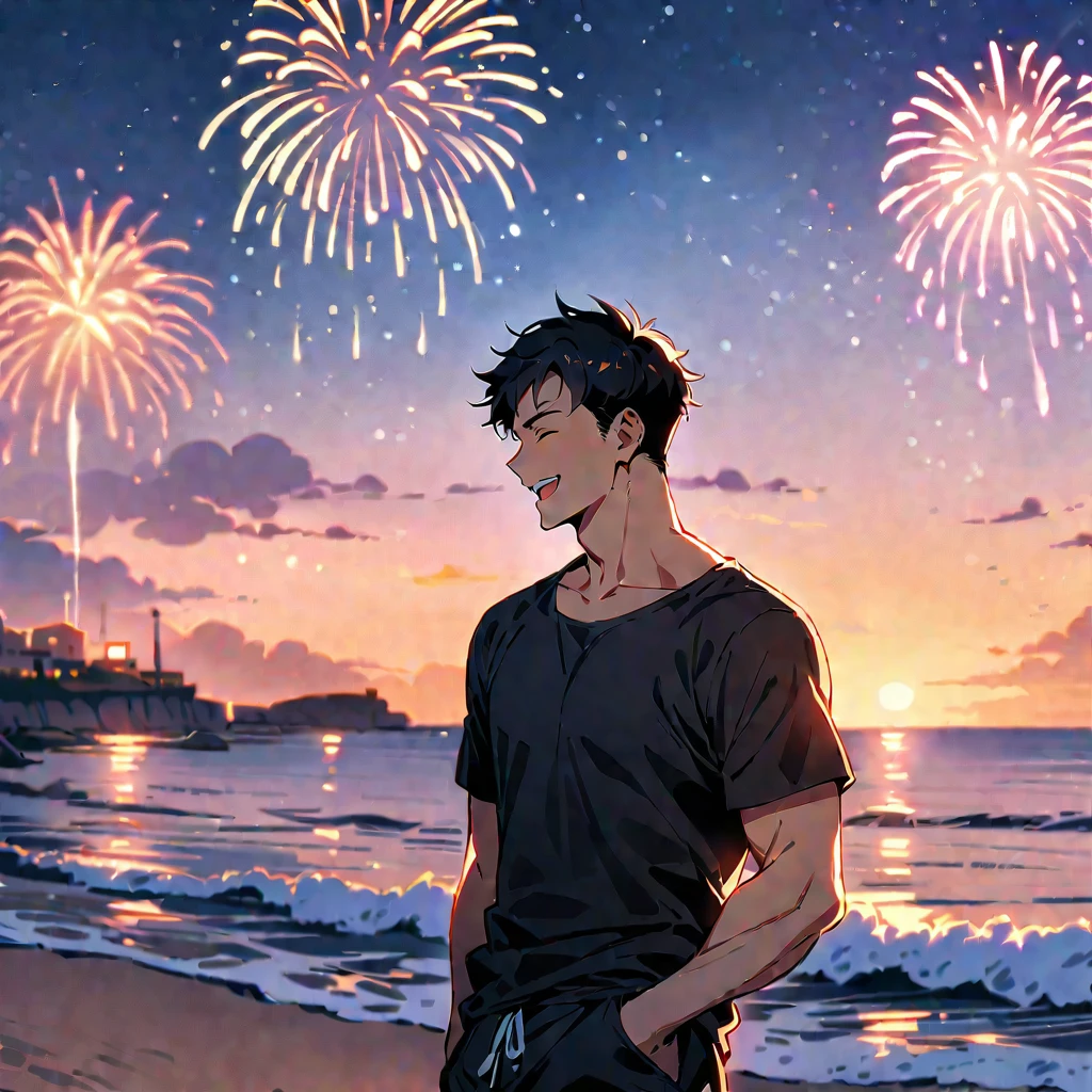 (masterpiece, best quality:1.2),1man, (solo), black short hair, close eyes, magnificent view, blur background, 8K, collarbone, sky, smile, open mouth, Malta, sea, black T-shirt, short pants, Japanese man, fireworks, beach, 30 years old, manly,