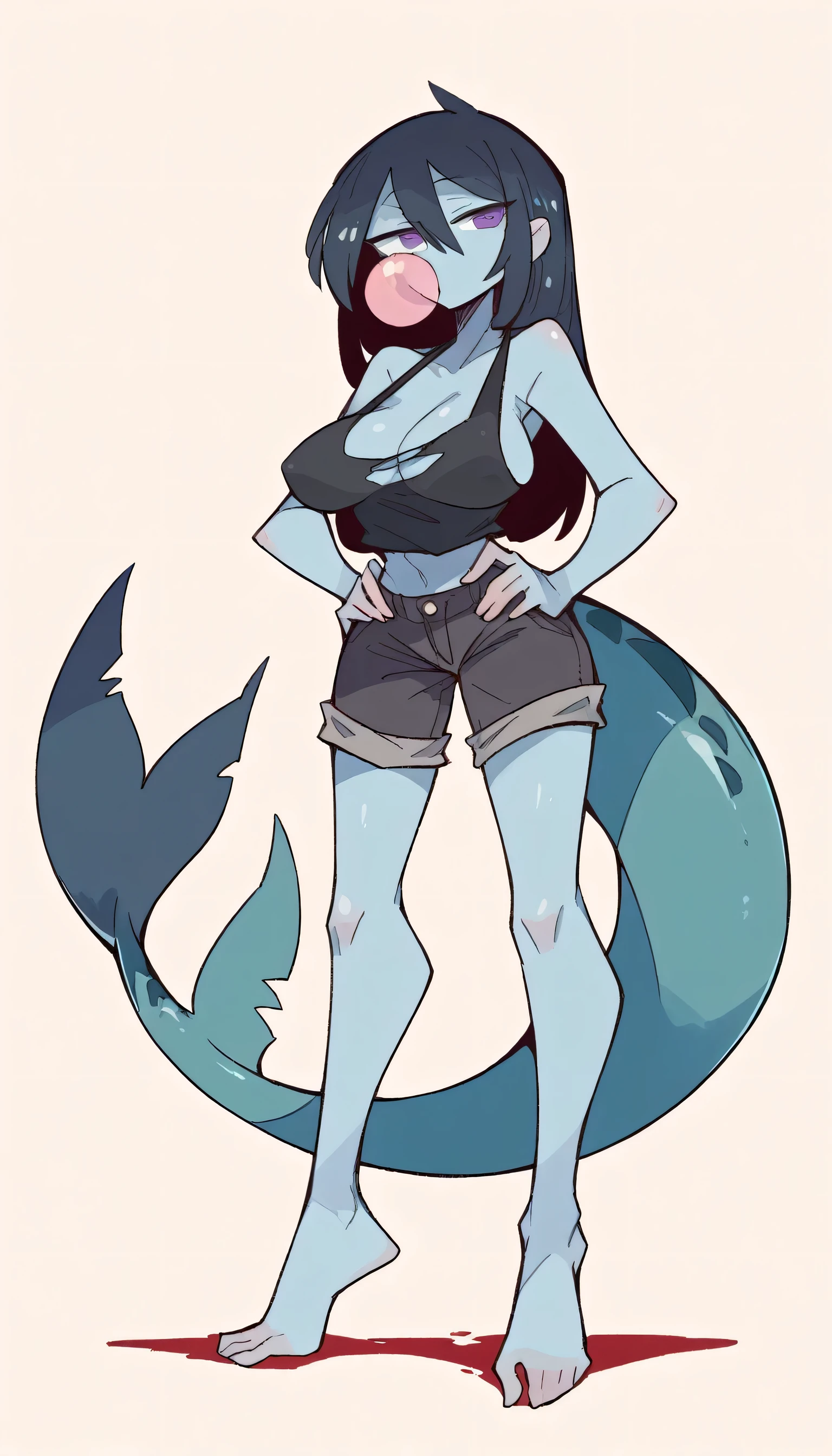 Masterpiece, best quality, Masterpiece, best quality, 1 woman, Gum Man , blue skin , long black hair , purple eyes , sly face , black tank top , Torn shirt , black bikini , big breasts , abdomen , fish tail , Long legs , Put your hands on your hips.. , Barefoot , full body 