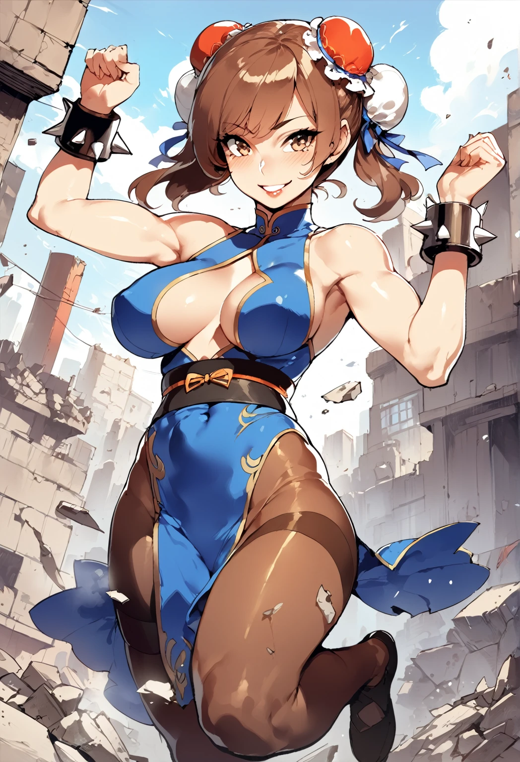 1girl, (solo:1.2), (jumping:1.3), (mid air:1.3), (cowboy shot:1.5), smile, happy, (masterpiece:1.3), (best quality:1.3), (perfect anatomy:1.4), highly detailed, chun li, brown eyes, short hair, brown hair, double bun, bun cover, blue dress, pelvic curtain, spiked bracelet, sash, brown pantyhose, (post fight scenery:1.3), rubble, outside, daylight, nyantcha, expressive faces, anime-inspired, (cell shading:1.2), lips
