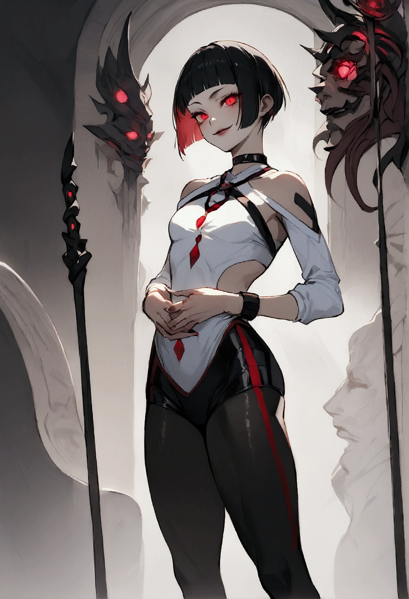 standing,alone,short hair,work of art,face detailed,young fitness linda,Wearing black pantyhose,white sweater ,neckleace,evil smile,red eyes glowing,labiaa,eye shadow,bangs on the eyes,HANDS BACK