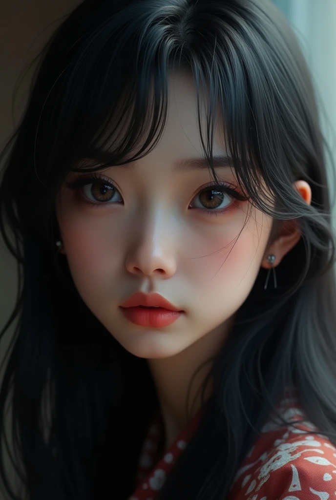 a beautiful detailed asian girl, heterochromia, one blue eye one brown eye, thoughtful expression, long black hair, full lips, (best quality,8k,ultra-detailed,realistic,photorealistic:1.37),hyperrealism,detailed portrait,dramatic lighting,cinematic