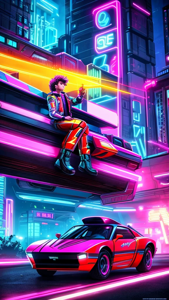 "Describe a young hero with messy hair and a bright leather jacket., tour around a futuristic 80s style city. The city is filled with flashy neon, flying car, and robots with retro designs. This hero has a laser weapon that is similar to the design from the 80s era..