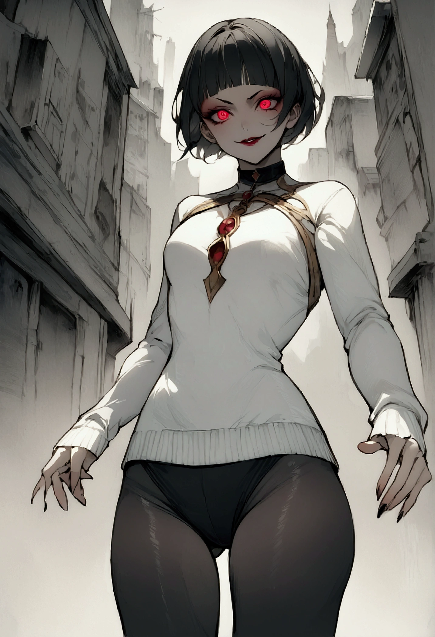 standing,alone,short hair,work of art,face detailed,young fitness linda,Wearing black pantyhose,white sweater ,neckleace,evil smile,red eyes glowing,labiaa,eye shadow,bangs on the eyes,hands to after city