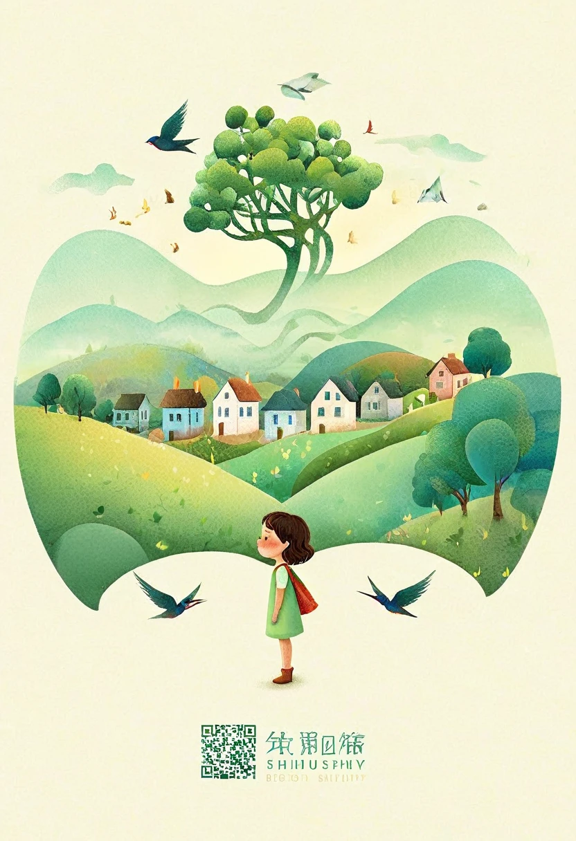 Digital Illustration Art, (Whimsical illustration of a  girl's head adorned with a lot of houses, trees, roots, swallows) with green trees and hills in the background, flanking, evoking the charm of a charming countryside landscape. The background blends with the littles hair and radiates serenity, creating a harmonious composition that captures the beauty of nature, white background, Chinese calligraphy whin brush lines, vivid Ferdinand du Puigaudeau, Victor nizovtsev, vintage tones, shimmering, luminescent, reflections, best number, 8K, HD, High Resolution.double exposure，illustration，Beautiful digital illustration, 